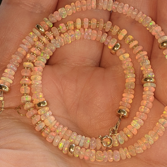 14k Yellow Gold Baby Pink Ethiopian Opal Beaded Gemstone Gold spacers Necklace - Picture 5 of 13